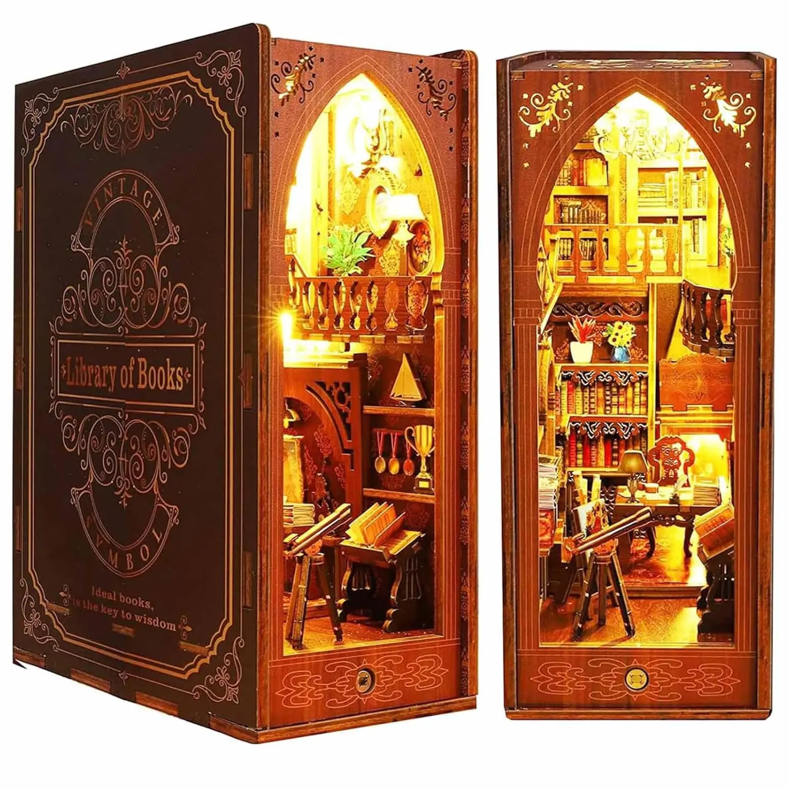 Funle Library of Books Book Nook Kit – DIY Miniature Library Bookshelf Insert with LED Lights, 3D Wooden Puzzle Reading Room Decor