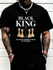Men's International Chess Slogan Print T-Shirt, Casual Fitted Long Sleeve Tee, Colorblock Pattern, with Collar, Perfect for Daily Wear