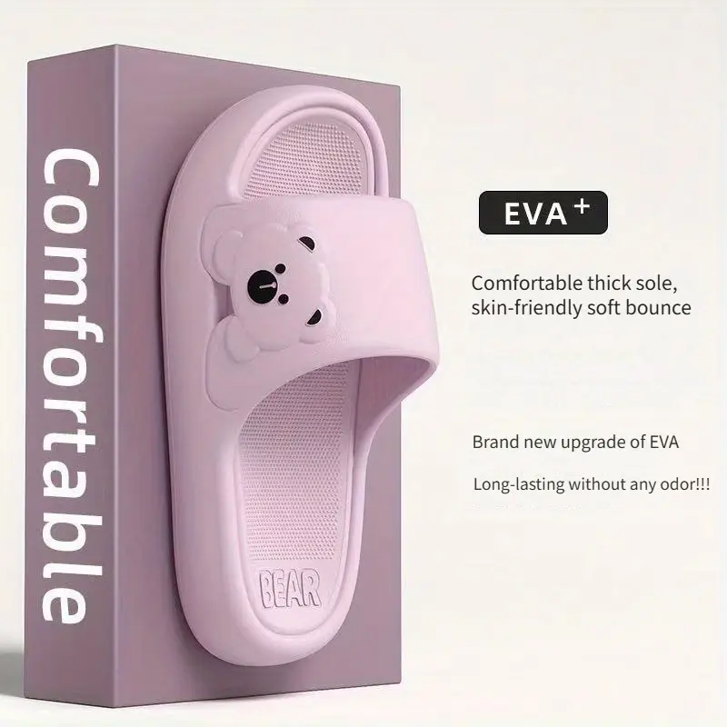 Cartoon Bear Women's Slippers, Summer Soft Sole Elegant Slippers, Lightweight Slippers, Simple Solid Color Slippers, Comfortable Indoor Home Bathroom Slippers