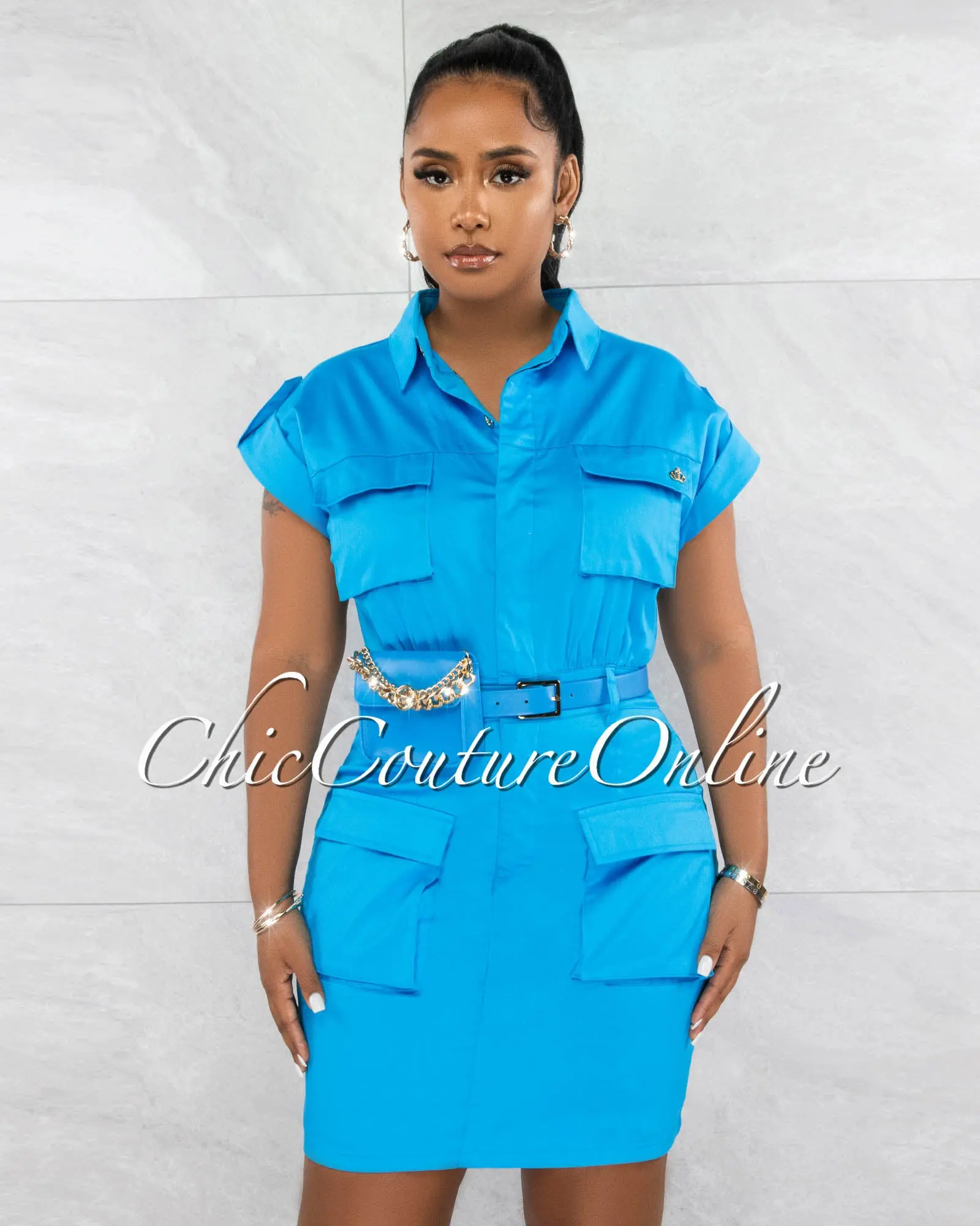 *Pammie Turquoise Fanny Pack Belt Cargo Utility Dress