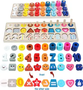 Wooden Montessori Toys for Toddlers – Number Puzzle, Shape Sorter & Stacking Game, Preschool Learning Toy for Counting, Math Skills & Early Education, Chunky Blocks Gift for Boys & Girls