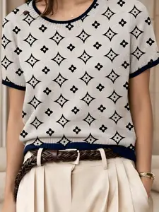 2D Print Women's Knit Short Sleeve Top, Casual Vintage Houndstooth Colorblock, Elegant Slim Fit, All Seasons, Summer Fashion