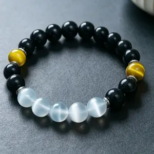 Natural Black Obsidian Yellow Tiger’s Eye White Moonstone beaded bracelet — protection, wealth, healing crystal; good luck talisman gift for men, women, and dad