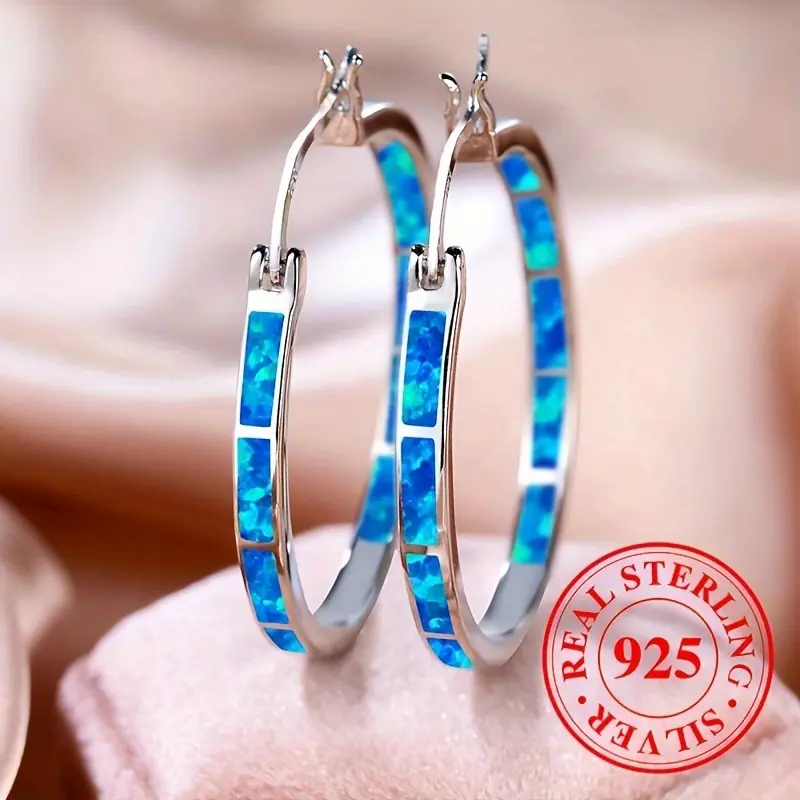 Women's 925 Sterling Silver Opal Earrings - Bohemian Hypoallergenic Hoop Earrings with Opal Inlay, Sensitive Ears Solutions, Everyday Wear & Gift-Ready Fashion Accessories
