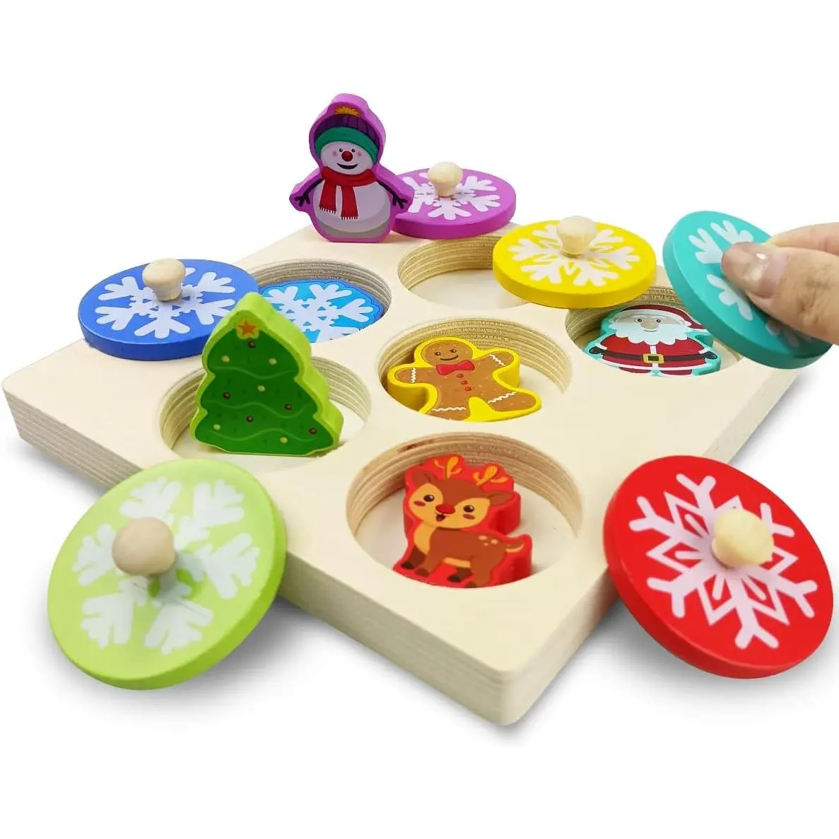Wooden Pegged Puzzles - Montessori Holiday Themed Toys with Santa, Christmas Tree, Gingerbread Man, Snowman, Elk Designs, Round Shape, Color Matching for Kids - Stocking Stuffers Gifts