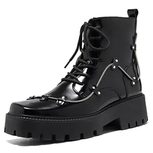 Men's Black Patent Leather Platform Combat Boots, Gothic Punk Style with Metal Rivets & Straps, Lace-Up Ankle Boots for Niche Fashion & Daily Wear
