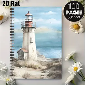 1 Spiral Coil Notebook 5.7x8.26 Inch, Durable Binding, Lighthouse Watercolor Design, Perfect for Travel Journal, Beach Trip Notes, Summer Vacation Diary, Ideal Gift for Sea Lovers, Outdoor Enthusiasts, Birthday & Holiday Present [2D] Flat