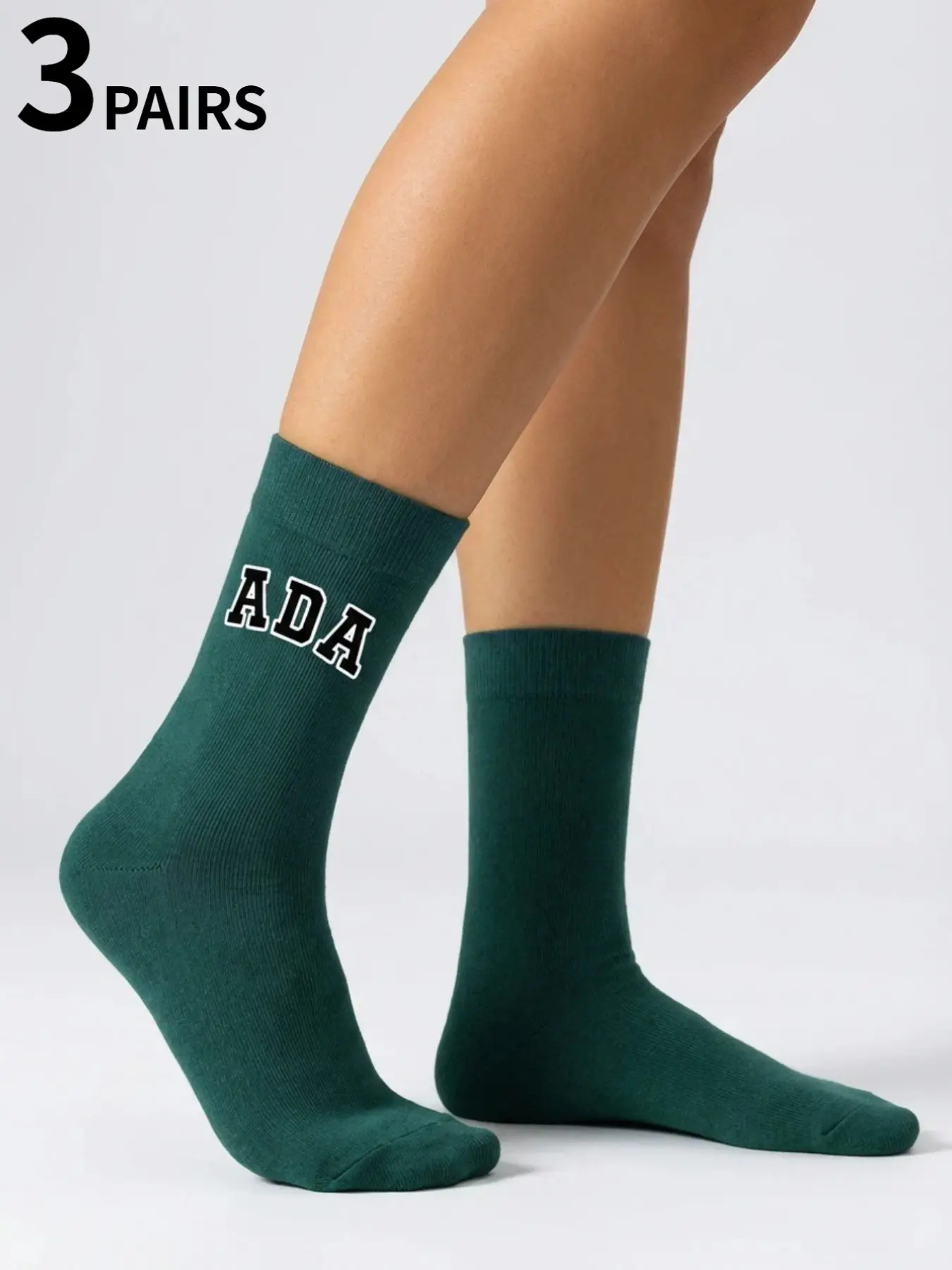 3/1 Pair Women's Mid-Calf Socks “ADA” Letter Print Mid-Calf Socks Everyday Wear Fashionable Versatile Socks Dark Green Solid Color Breathable Mid-Calf Socks Simple Casual Mid-Calf Socks Moisture-Wicking Minimalist Style All-Season Style