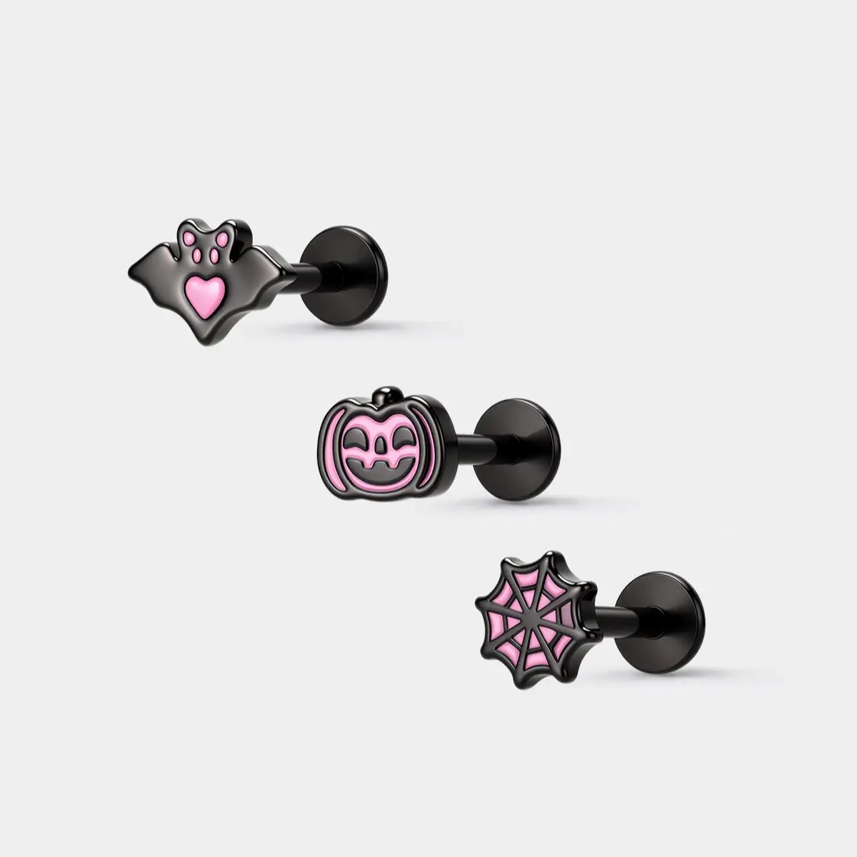 OUFER Halloween-themed Bat, Pumpkin, and Spider Design 3PCS Stud Earrings with Pink Accents for Festive Style-16G 8mm Bar length