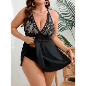 2026 New Lace Halter Tankini Set Mesh Waist Plus Size Tummy Control Two Piece Swimwear