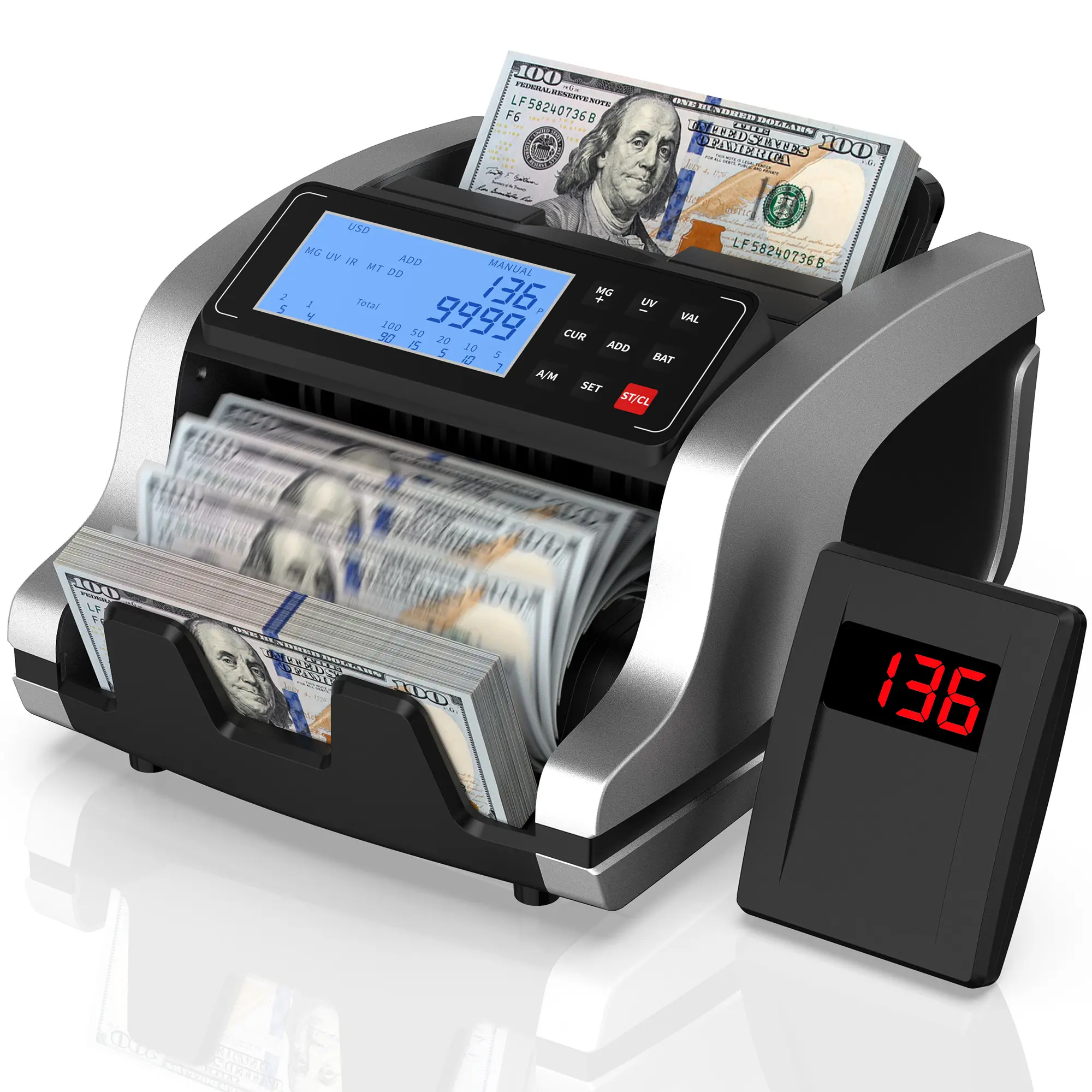 PONNOR Money Counter Machine | UV/MG/IR/MT/DD Counterfeit Detection | LCD Display, Coin Box, COUNT/ADD/BATCH/AUTO Modes | Silent Operation, 1200 Notes/Min