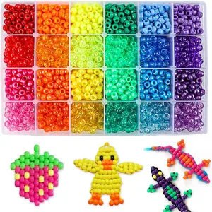 2880 count Pony Beads Kit, Kandi Beads for Hair, Rainbow Beads Plastic Bead for Craft 6 x 9mm 24 Colors 4 Styles Large Hole Beads Set for Bracelets  Making