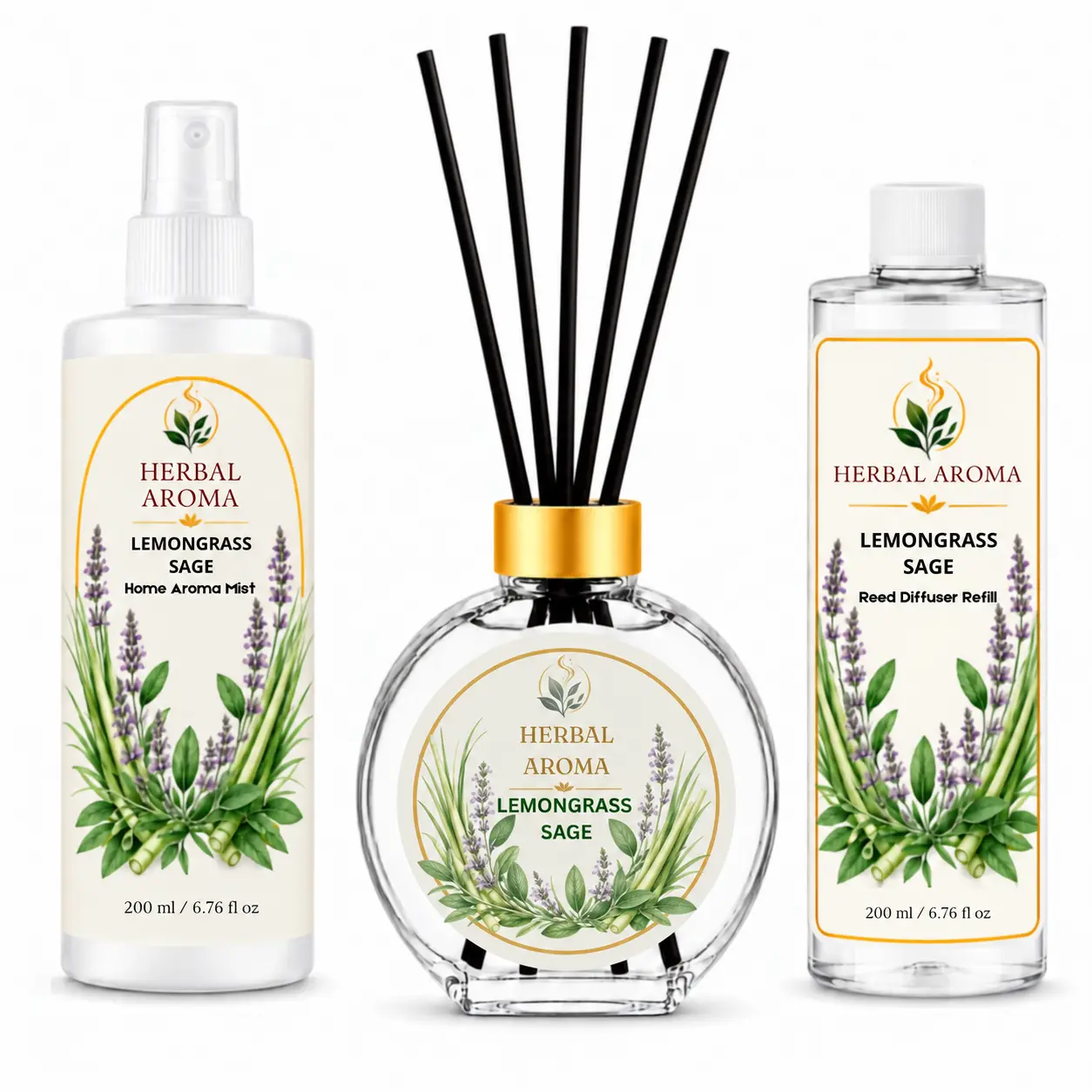 Herbal Aroma Lemongrass & Sage Home Fragrance Set, 3-Piece Reed Diffuser with 200 mL Refill and 200 mL Room Spray, 100 mL Diffuser