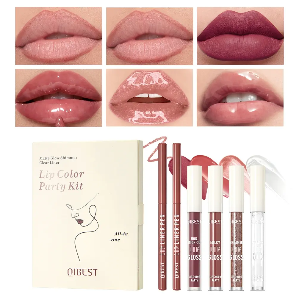 Qibest 6-Piece Lipstick Party Set, Lip Kit Sets, Six-In-One Lip Liner + Lipgloss + Oil Combo, Perfect for Lipliner Makeup, Enhances Dimension