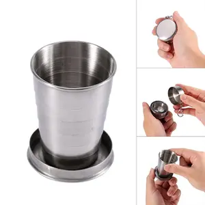 Stainless Steel Foldable Cup with Lid and Chain, 150ML Reusable Design, Perfect for Camping and Hiking, Durable and Portable
