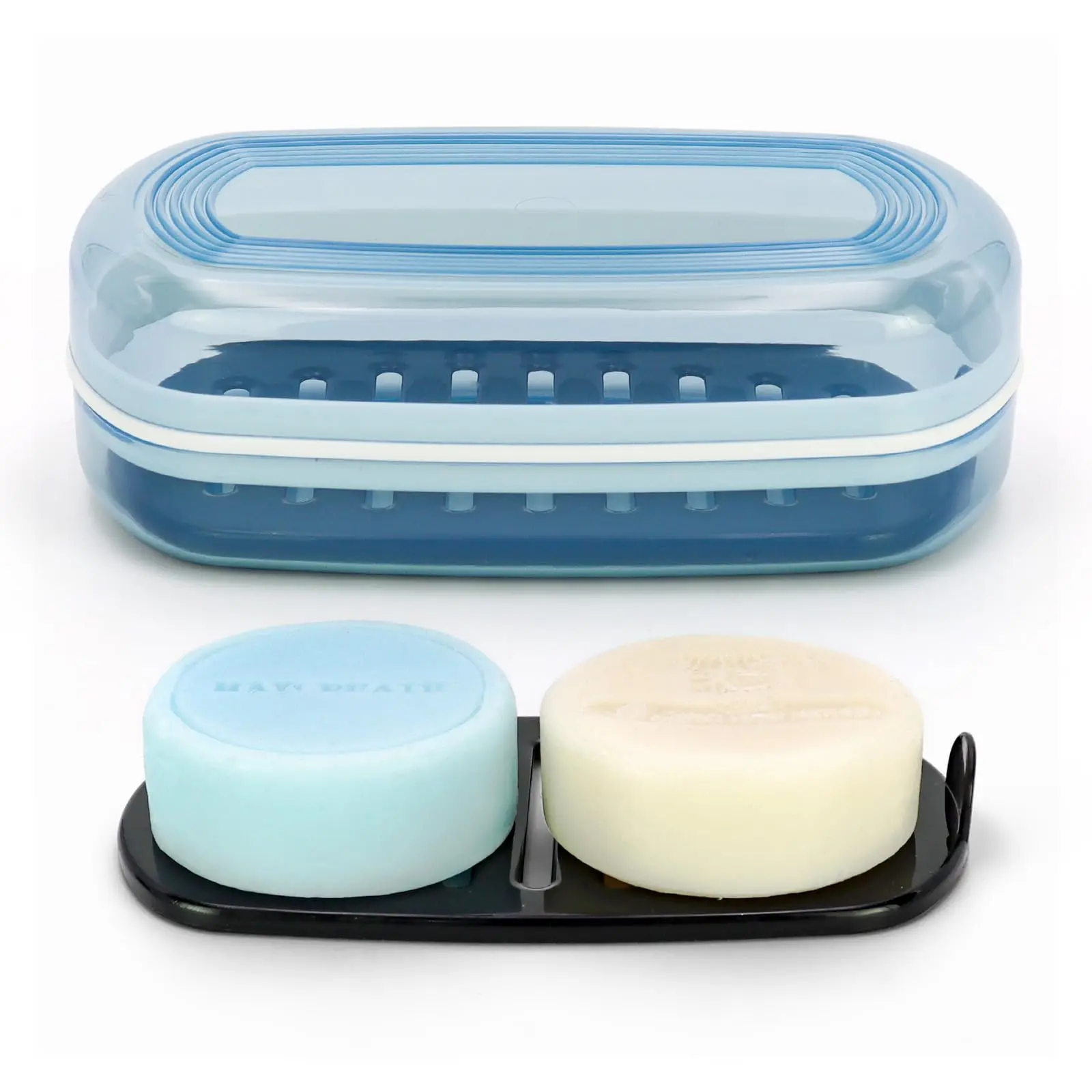 Solid Shampoo Bar Holder,Travel Soap Case,Large Bar Soap Holder,Clear Soap Box,Soap Dish with Draining Layer,Soap Container for Bathroom, Traveling, Gym, Camping（Blue,1 Pack）