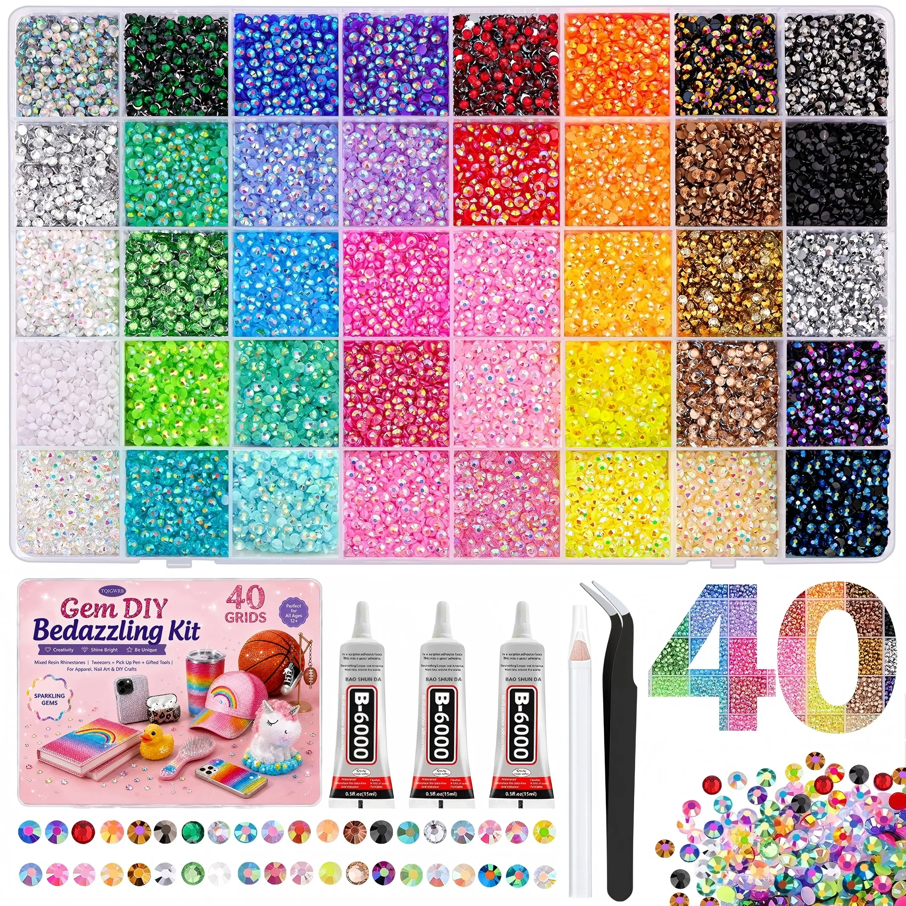 32000Pcs Resin Jelly Rhinestones for Bedazzling, 3mm Multicolor Flatback Rhinestones, Bedazzling Kit with 3Pcs B6000 Jewelry Glue and Tools, Bedazzler Kit for Crafting Book Clothes Makeup Shoes