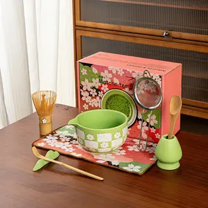 8pcs Japanese Matcha Tea Set, Matcha Whisk Set, Ceramic Matcha Bowl with Spout, Hundred Stand, Sakura Grid Design, Traditional Tea Accessories, Tea Making Tools, Tea Scoop, Matcha Kit Set
