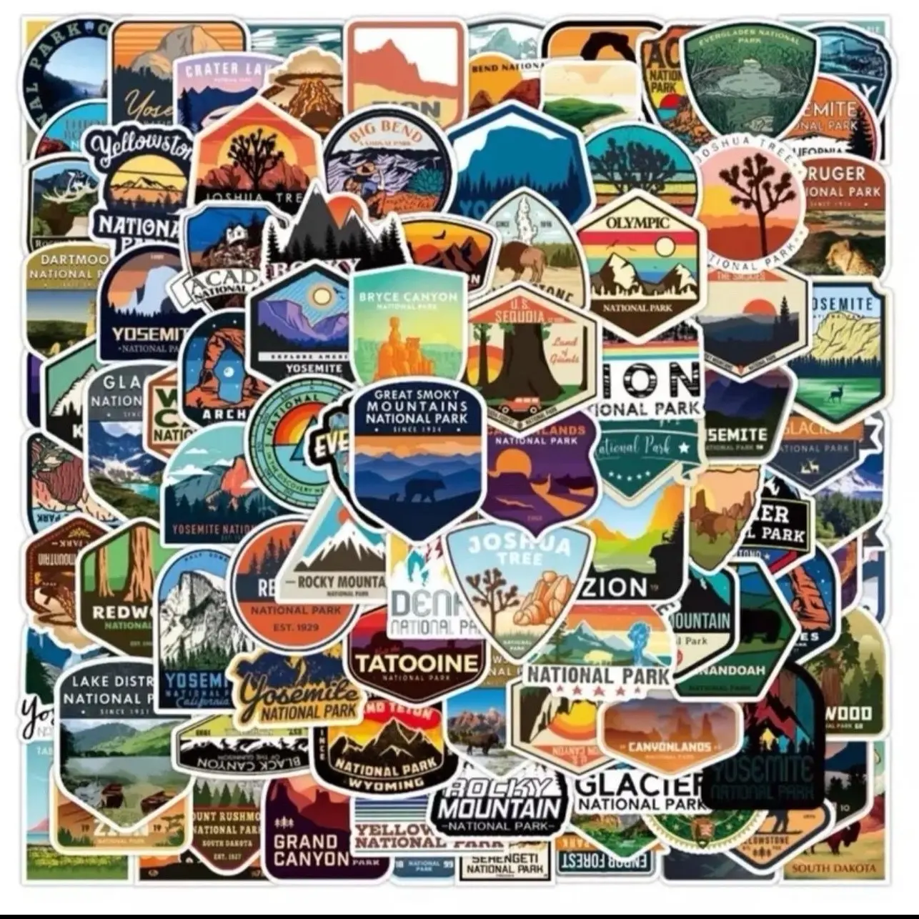 100 Pack of United States National Parks Stickers and Decals. Great for birthdays and Holidays. No Duplicates
