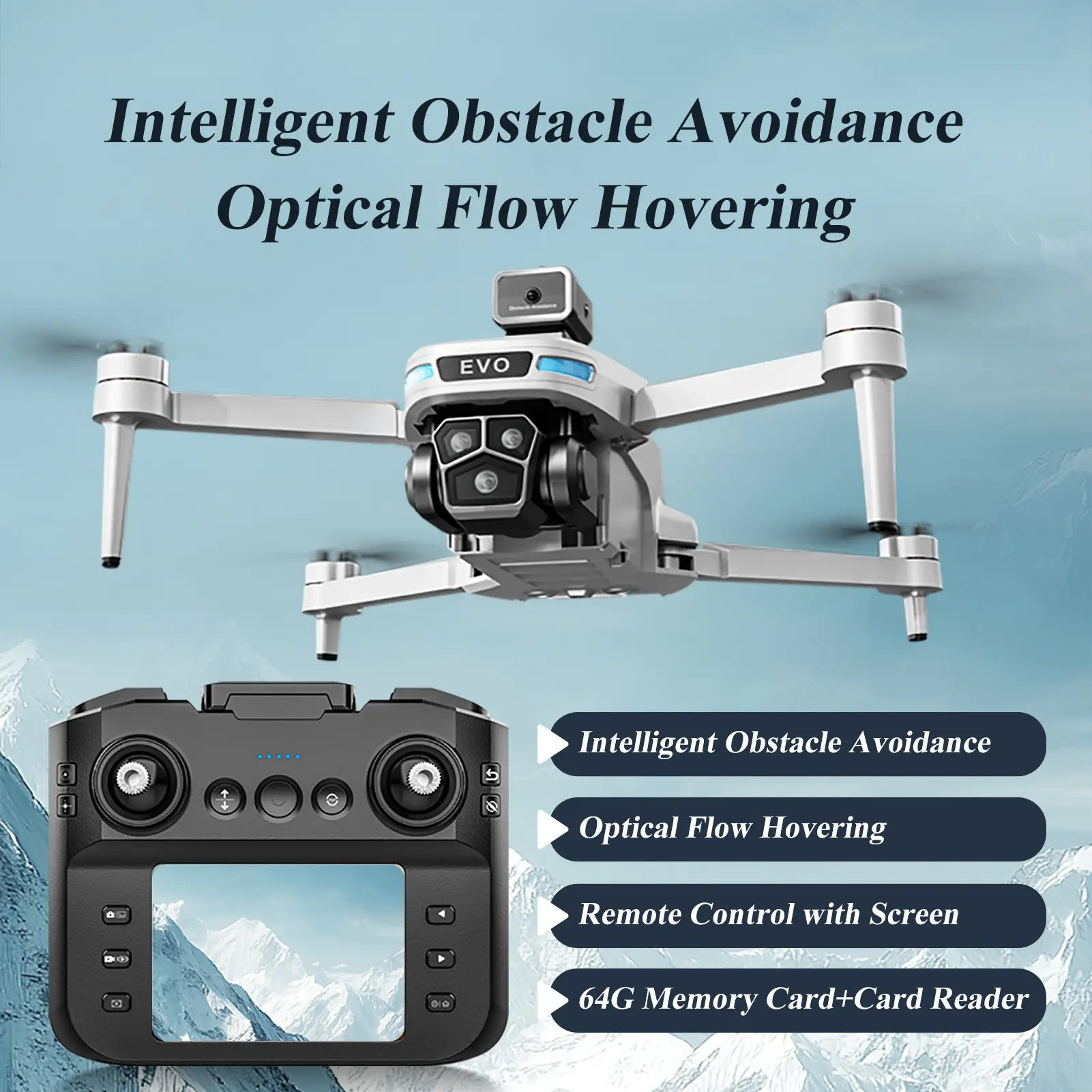EIS Dual-Camera Wireless Quadcopter Drone with 3.5in Screen Remote Control, Brushless Motor, 64G Memory Card, Card Reader, Obstacle Avoidance, Optical Flow Hovering, Headless Mode, Gesture Photography for Outdoor Activities