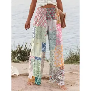 Plus Size Patchwork Print Plicated Shirred Wide Leg Pants, Casual Lounge Pants, Boho Casual High Waist Trousers, Casual Bohemian Trousers for Daily Vacation Holiday Wear, Women's Bottoms for All Seasons