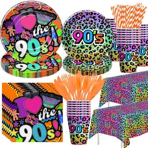 Retro 90's Party Decorations Tableware - 90s Theme Birthday Party Supplies Include Paper Plate, Cups, Napkins, Tablecloth, Cutlery, Straw, 90s Theme Birthday Party Decorations Dinnerware | Serve 24 Disposable Retro