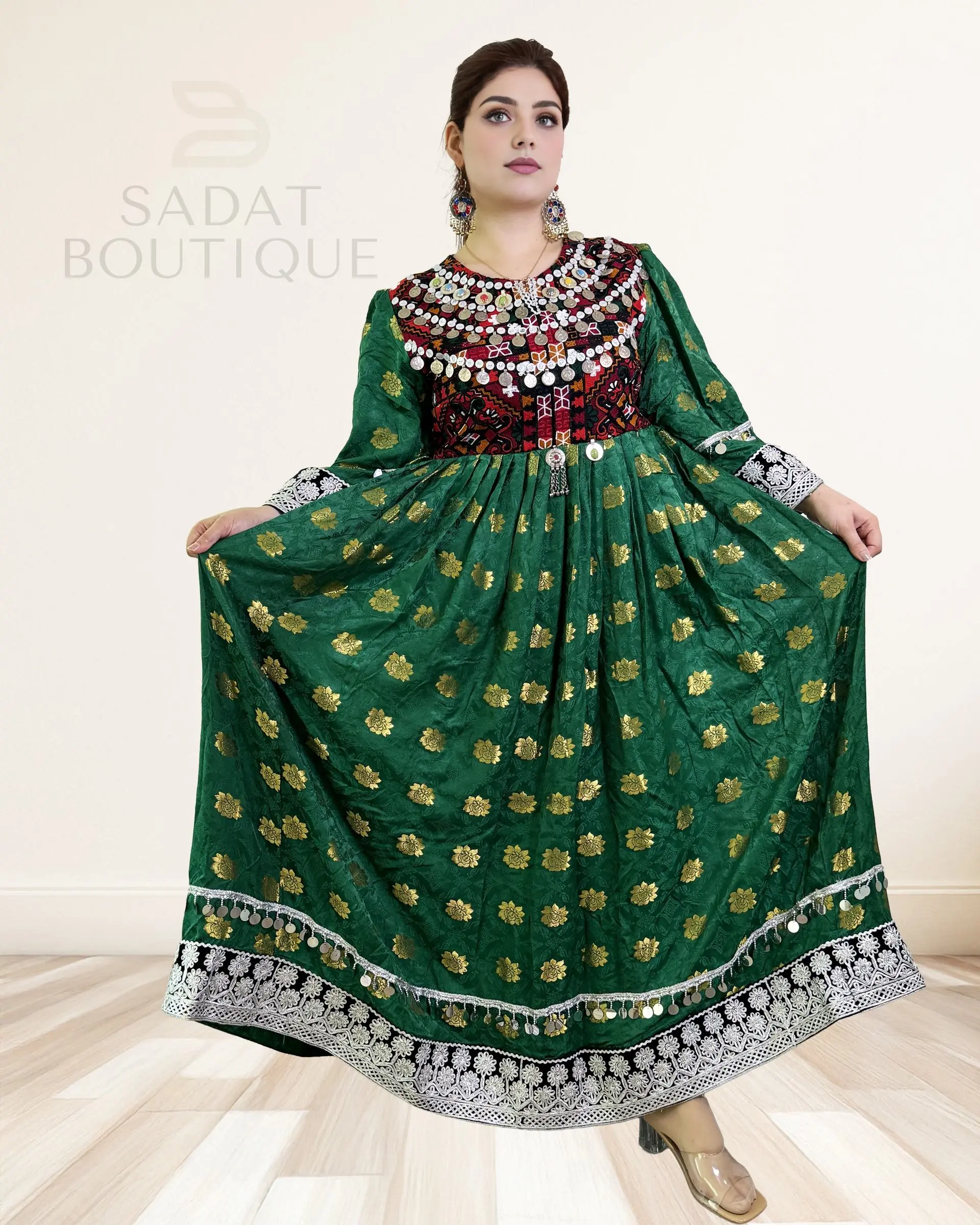 Emerald Green Afghan Dress for Women | Traditional Flowing Gown with Golden Brocade Fabric, Silver Details & Light Reflecting Mirrorwork