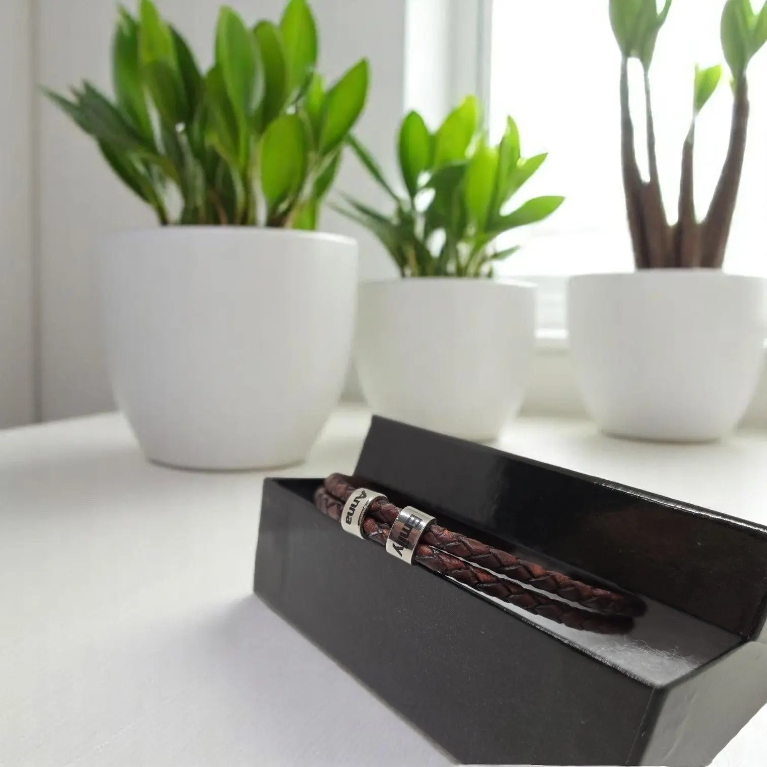Unisex Leather Bracelet with Laser-Engraved Name Beads Magnetic Steel Clasp - Personalized Braided Leather Accessory for Men & Women