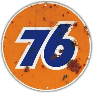 Decorative Signs & PlaquesVintage-Style Round Sign Featuring 76 Gasoline And Motor Oil, Perfect for Decorating Your Home, Garage, Or Bar. This 12-Inch Metal Reproduction Adds a Hum
