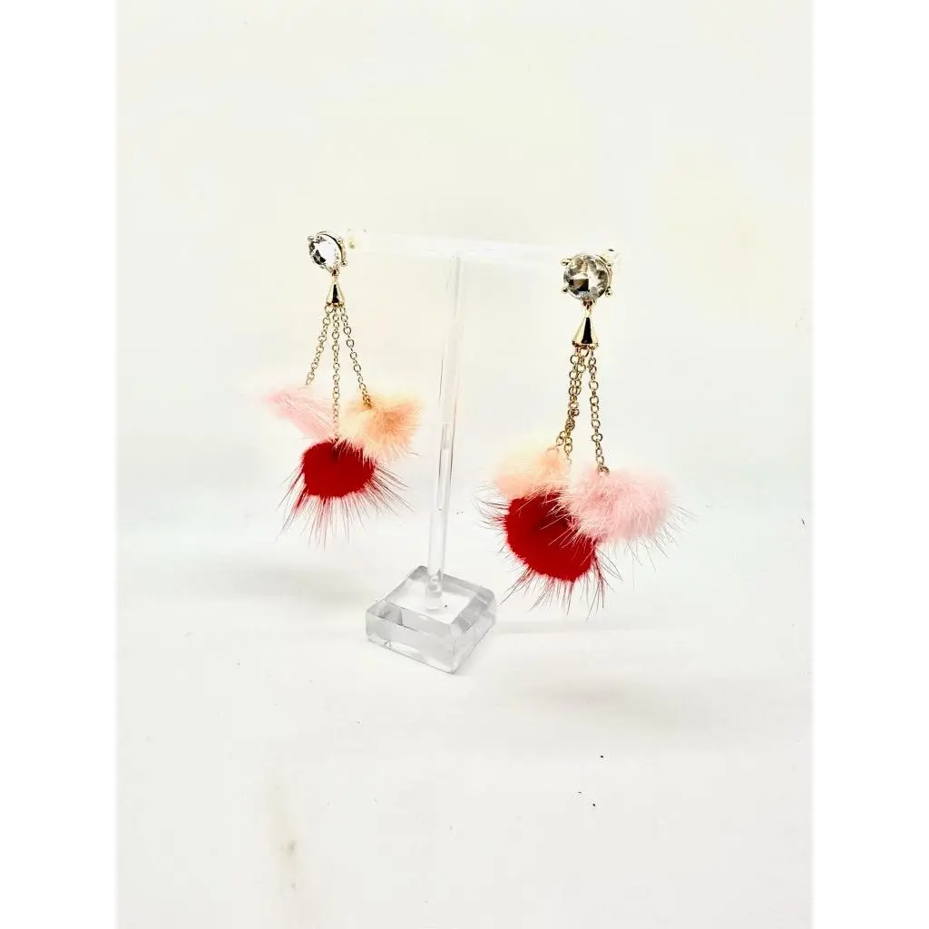 Pink and Red Fluff Balls Drop Earring