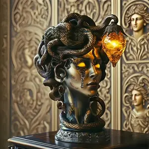 7" Gorgon Head Led Desk Lamp With Snakes Hair & Armored Scales Medusa Lamp Greek Mythology Night Light Sculptural Statue For Home Office Decor Unique Gift For Halloween
