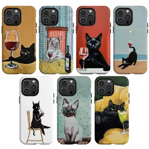 Funny Black Cat Phone Case Cocktail Martini Wine Lover Aesthetic for iPhone 17 16 15 14 13 12 11 Promax Plus Pro SS S22-S25 Ultra Tough Case Perfect Gift for Cat Lovers