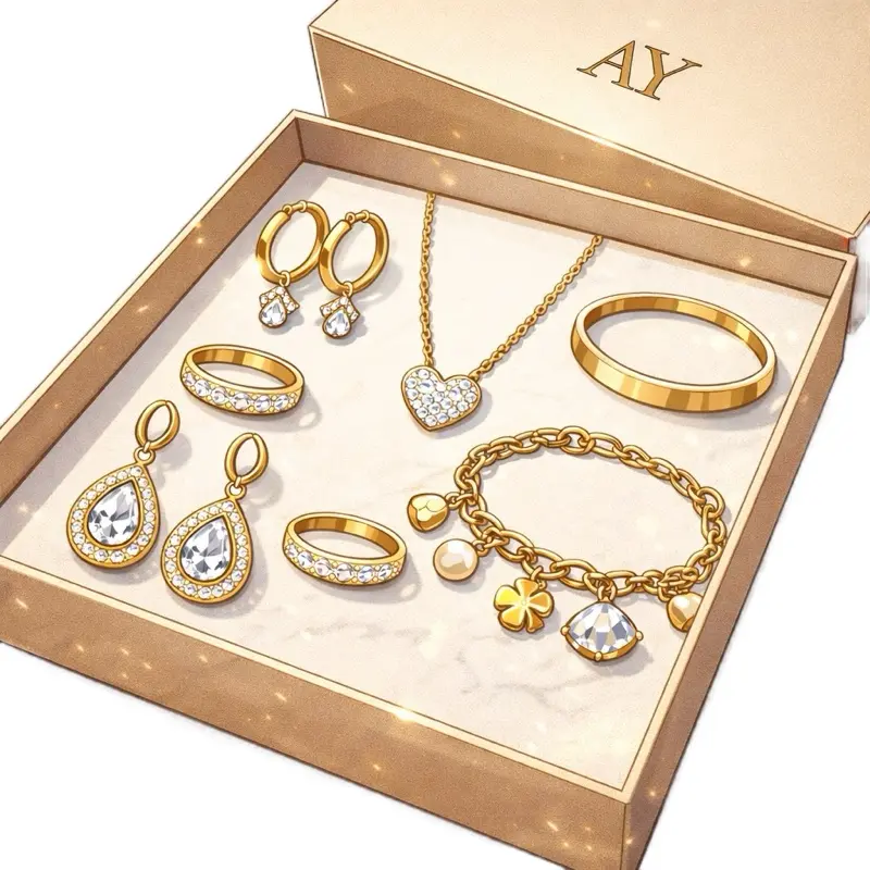 AY Premium Fashion Jewelry Set with Earrings Necklace Bracelet Ring and Additional Accessory Durable Elegant Modern and Timeless Styles Total Value $45 USD