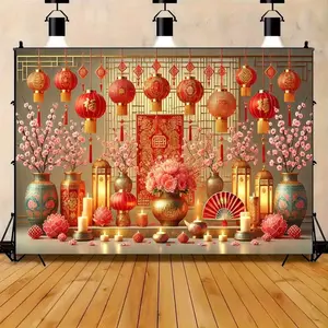 1pc Lunar New Year Backdrop Traditional Chinese Red Lanterns Floral Arrangements Golden Accents for Home Garden Studio Outdoor Celebration Asian Festival Decor