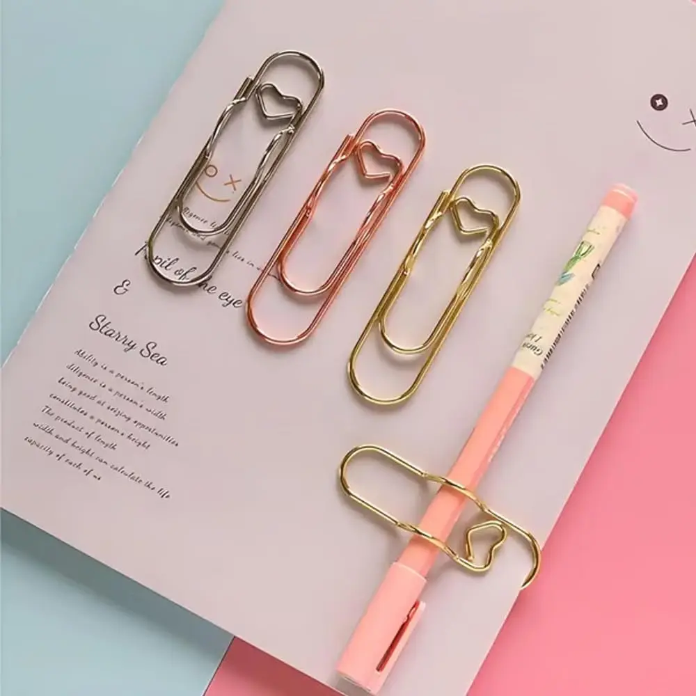 1 Box 6Pcs 3 Colors Heart Pen Clip Metal Pencil Clips Multifunctional Rose Gold Silver Carbon Steel Paperclip Portable Large Size Holder for Notebook Book Journal Office School Accessories
