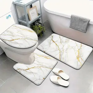White Gold Marble Bathroom Mat Set, Modern Luxury Stone Absorbent Non-Slip 3 Piece Toilet Lid Cover U-Shaped Floor Rug