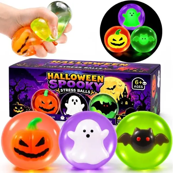 3 Pack Glow in the Dark Halloween Squishy Stress Balls, Ghost Pumpkin Bat Fidget Sensory Squeeze Toys, Anxiety Relief, Trick-or-Treat Party Favors & Halloween Gifts