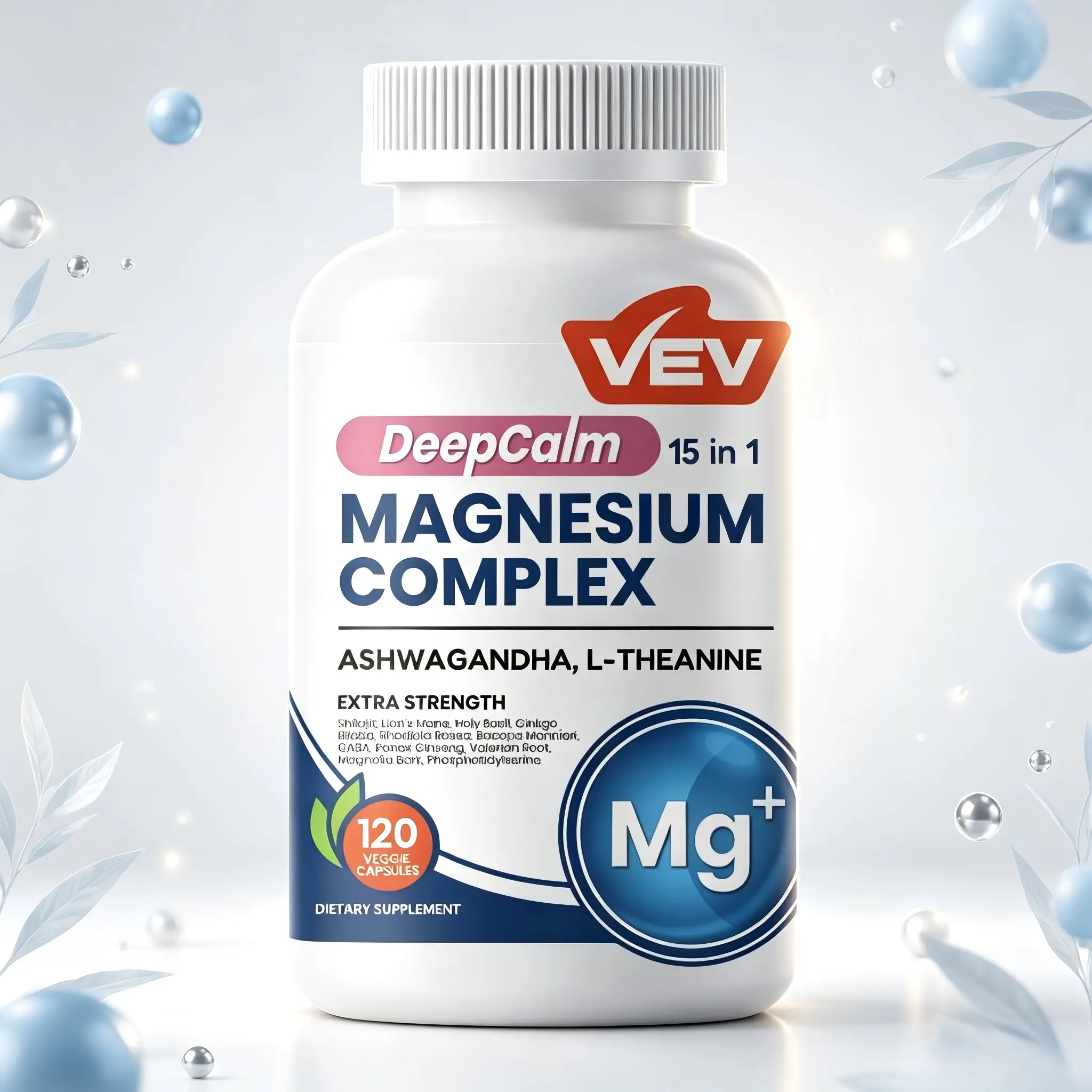 VEV Natural Edible Magnesium Supplement,15-in-1 with Magnesium Glvcinate , Ashwagandha ,L - Theanine  ,Healthcare Dietary (120 Capsules) Vitamin Fitness