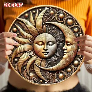 Aluminum Celestial Phase Wall Art Decor 7.87 Inch Round Vintage Sun and Moon Metal Sign for Living Room Bedroom Indoor Home Decoration