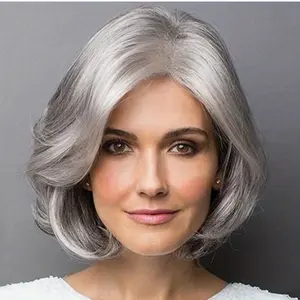 Europe and the United States middle-aged and elderly women wig silver gray short curly shaggy Bob full head set suitable for daily party banquet performance dress up to wear grey wig synthetic wig
