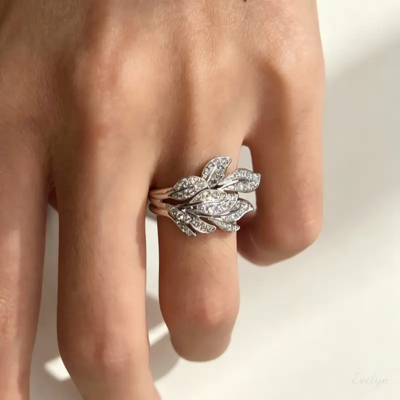 Full Pave Rhinestone 3D Leaf Open Adjustable Statement Ring, Silver Tone Wide Split Shank Band, Sparkly Botanical Stackable Finger Jewelry for Women Daily Evening Party Wear