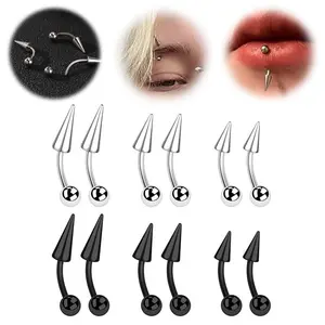 ZS 1PC 16G Long Spike Bridge Piercing Stainless Steel Eyebrow Ring Curved Barbell Cartilage Earring Punk Cone Labret Piercing