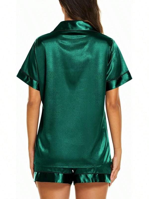 Silk Pajama Sets Womens 2 Pieces Short Sleeve Sleepwear Soft Button Down Loungewear Satin Pjs Shorts Lounge Set S XXL - Dark Green