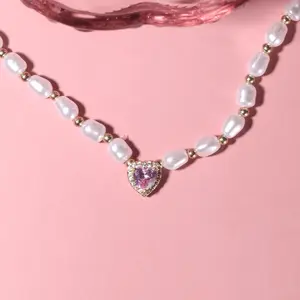 18k gold plated pink heart pearl necklace/handmade/tarnish resistant/princess /fairy/magical/best gift/ethereal