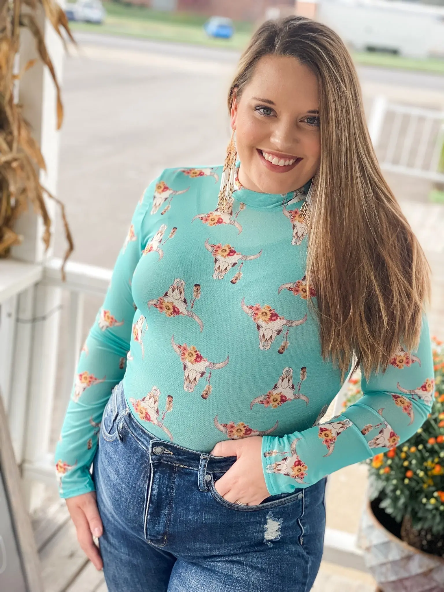 Floral Skull Western Mesh Mock Neck Body suit *Plus Size Included *Final Sale*