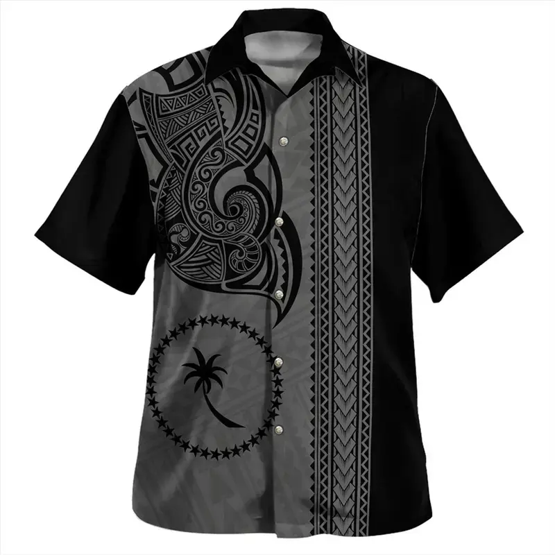 Men's Black Hawaiian Tribal Shirt – Polynesian Pattern Short Sleeve Casual Beach Shirt, Breathable Vacation Top