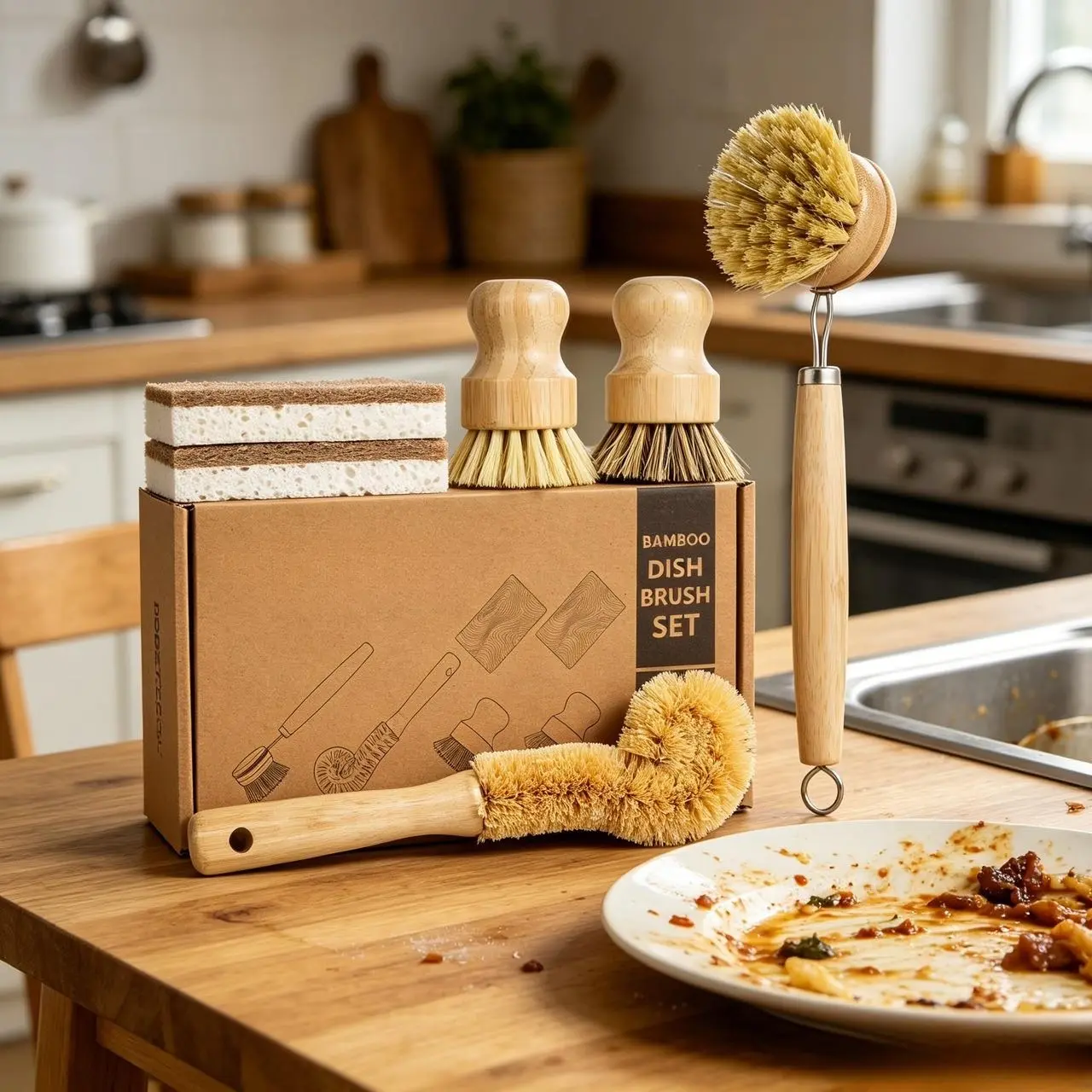 6 Piece Bamboo Dish Brush Set with Coconut Sponge – Natural Wooden Scrub Brushes for Kitchen Cleaning, Sisal & Palm Fiber Bristles, Non Scratch Scrubber for Dishes, Pots, Pans, Bottles, Vegetables – Eco Friendly Zero Waste Kitchen Essential