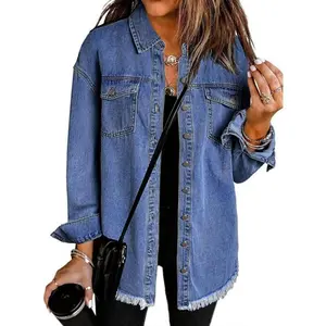 Women'sOversizedButtonUpFrayedHemShacketLongSleevePocketsDenimJeanJacketCasualFitCozyEverydayWearChicStyle