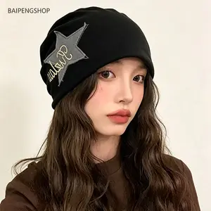Unisex Star-Patched Letter Embroidery Knit Beanie Hats, Warm Stretchy All-Match Fashion Headwear, Exquisite Daily Outdoor Accessory, Ideal Birthday Gift for Teens