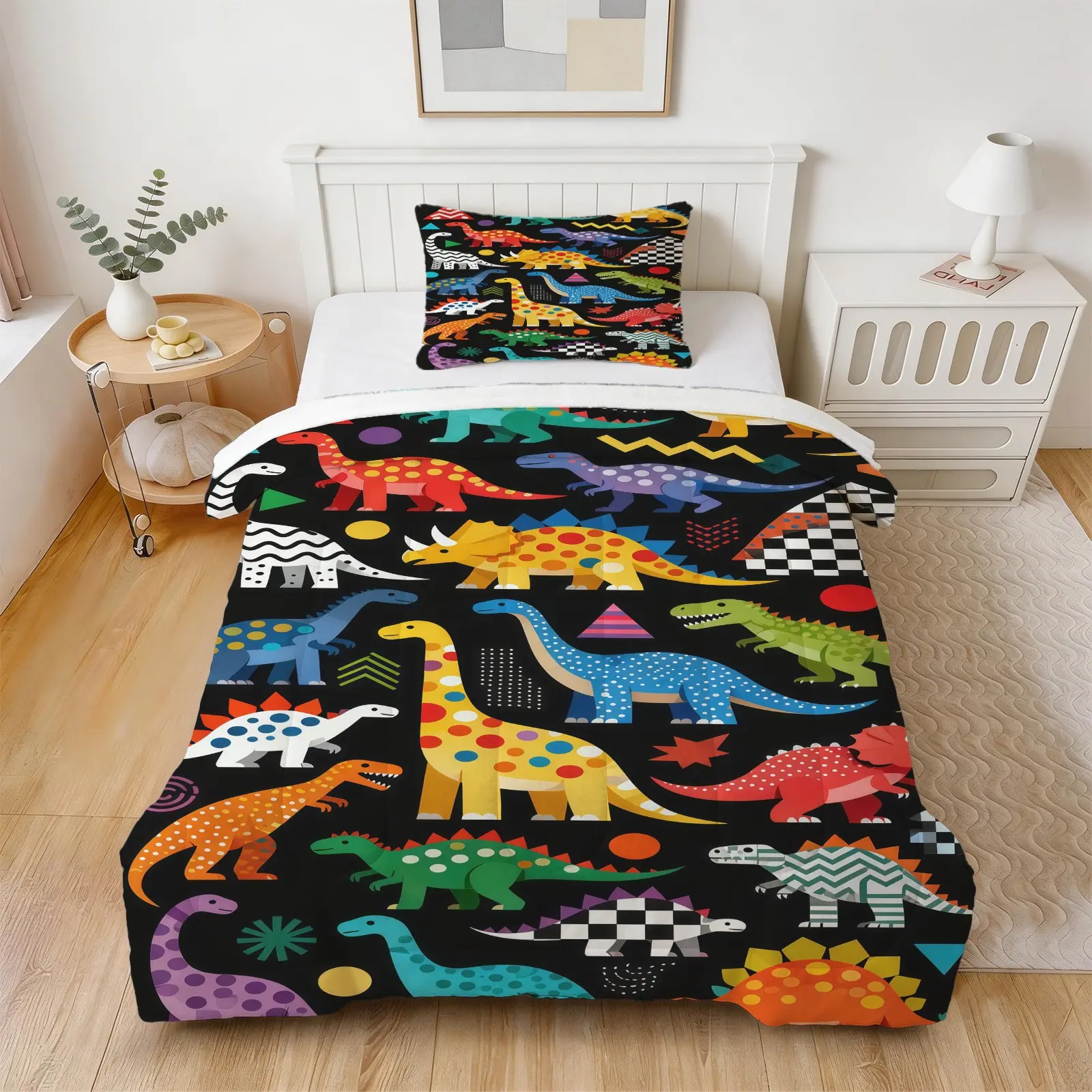Dinosaur Print Quilt Set, Soft And Comfortable Bedding Set (1 Quilt + 1/2 Pillow Case, No Pillow Core), Suitable For Teenagers And Adults, Guest Room, Dormitory, Master Bedroom Scene